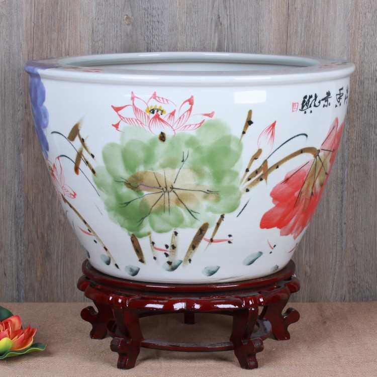 景德镇陶瓷鱼缸花盆手绘窑变裂纹釉荷花金鱼缸睡莲碗莲缸