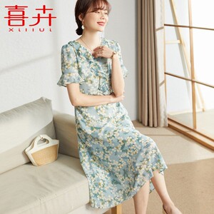 喜卉妈妈洋气花色连衣裙中年女夏装气质短袖40岁50中老年雪纺裙子