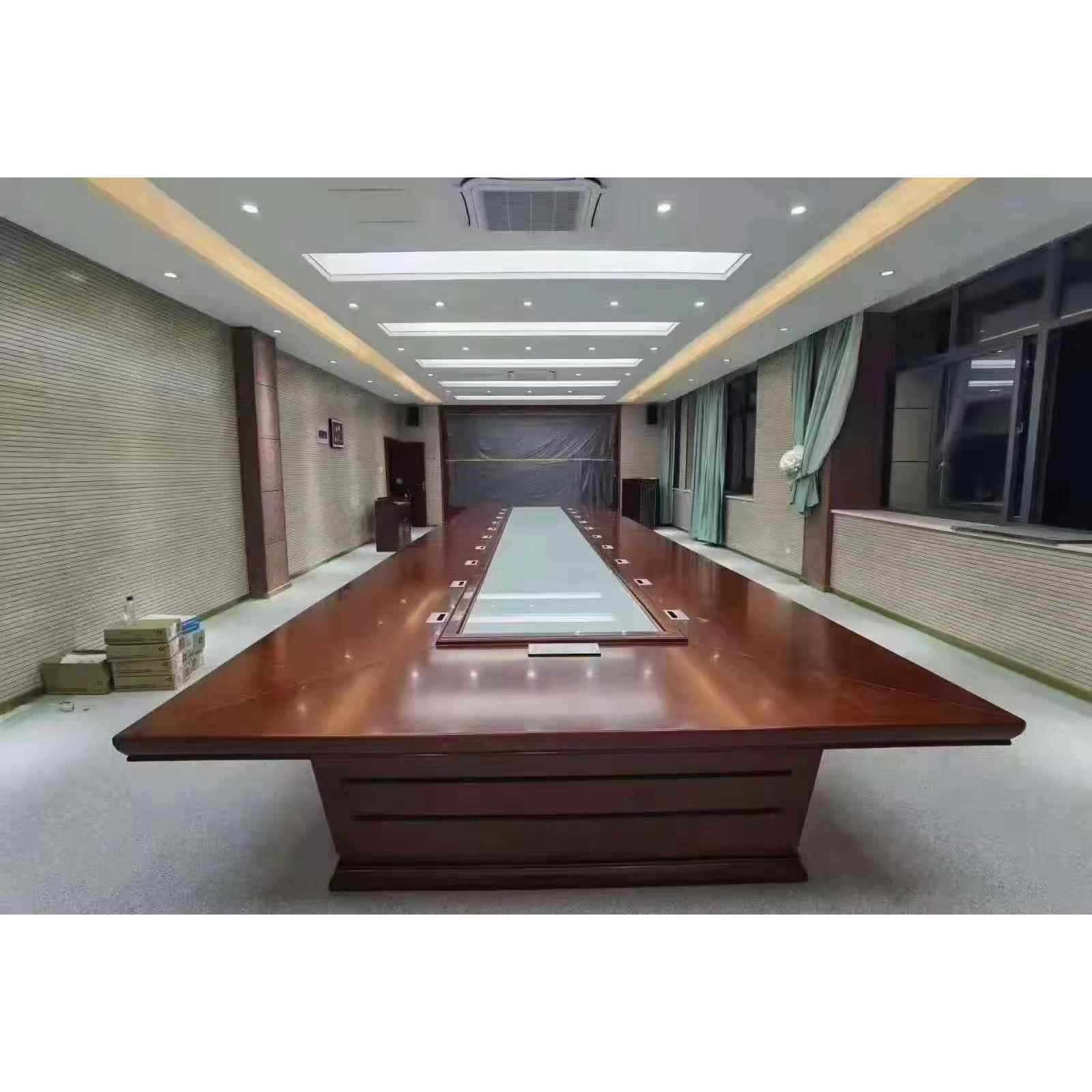 需定制油漆烤漆大型会议桌新中式多人实木皮长方形谈判桌椅组合洽