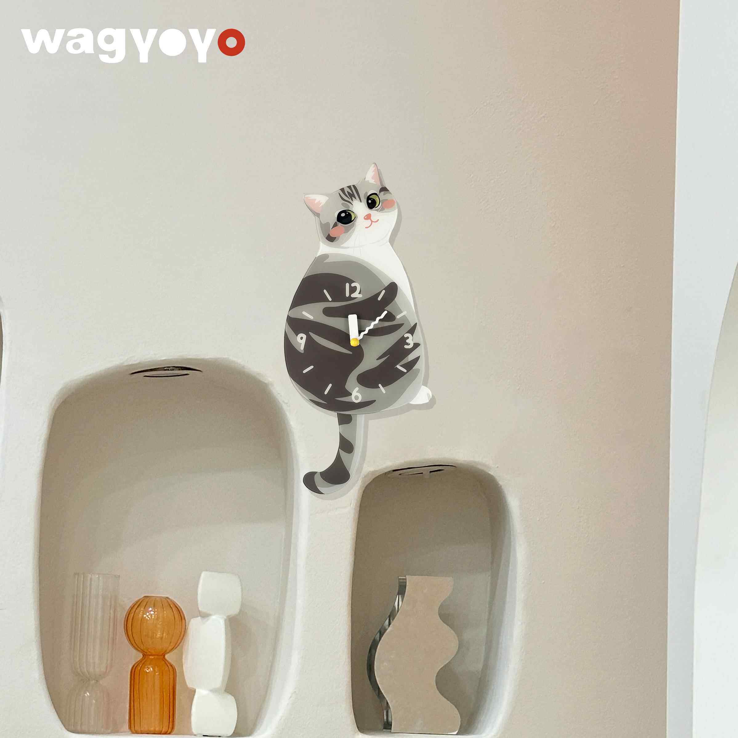 原创美短起司猫挂钟小猫挂钟尾巴可摇摆创意钟表乔迁礼物静音挂钟