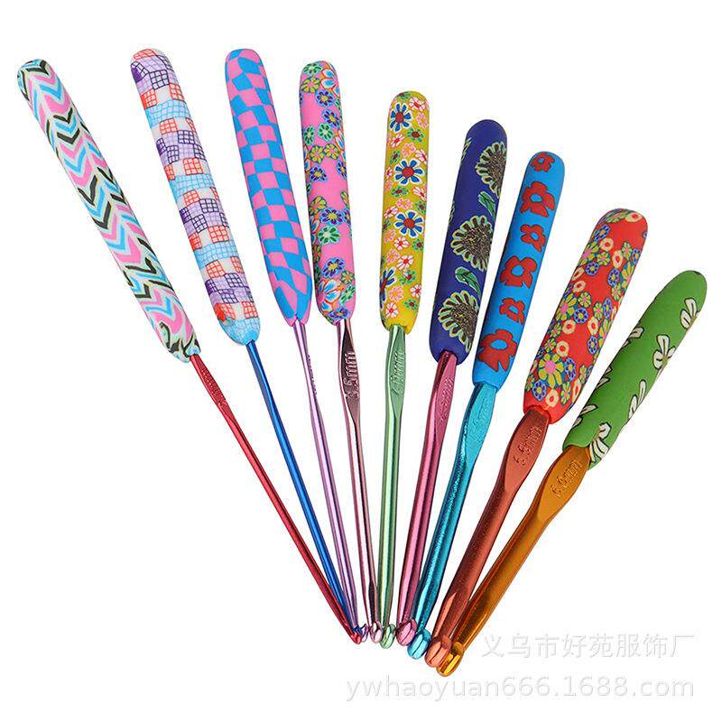 跨境软陶手柄氧化铝钩针彩色印花 毛衣钩针软陶泥氧化铝刻字勾针