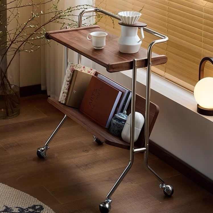 中古小推车实木边几置物架客厅沙发复古可移动茶几床头樱桃木书架