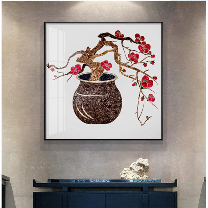 玄关墙面装饰画新中式花鸟挂画开花客厅书房卧室背景墙正方形壁画图片
