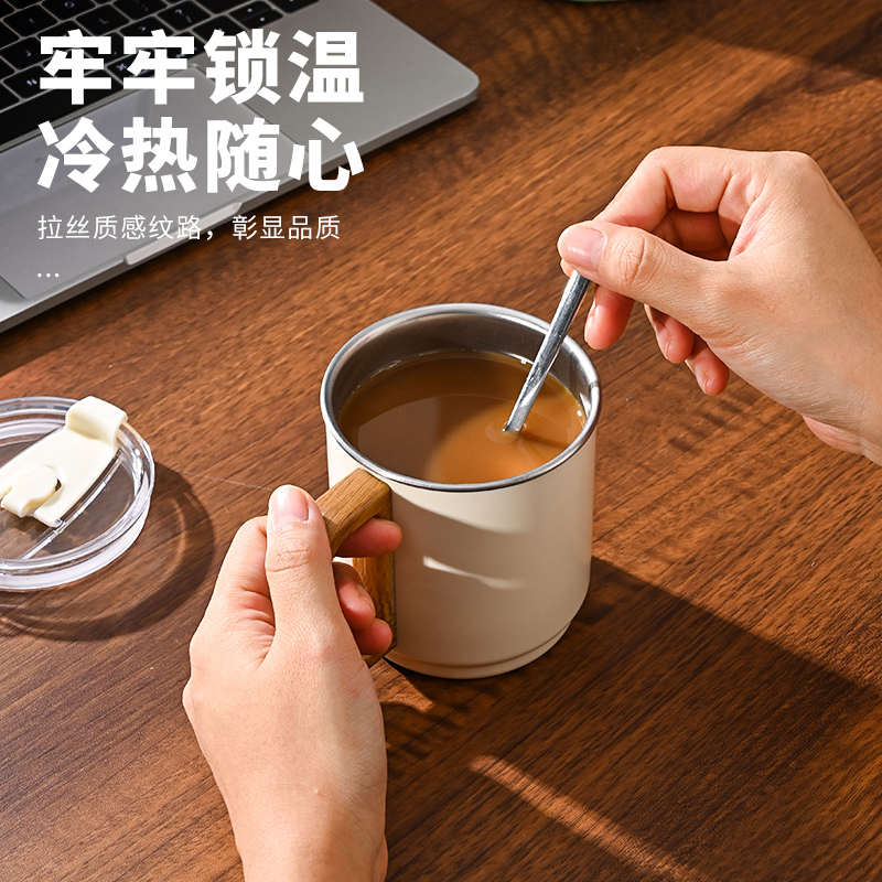 马克杯304不锈钢咖啡杯子办公室带盖男女喝水杯泡茶杯吸管大容量