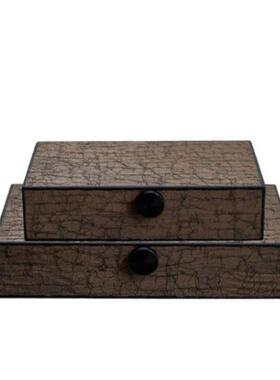 新中式家居样板间把手圆形收纳盒客厅边柜摆件圆形复古木纹装饰盒