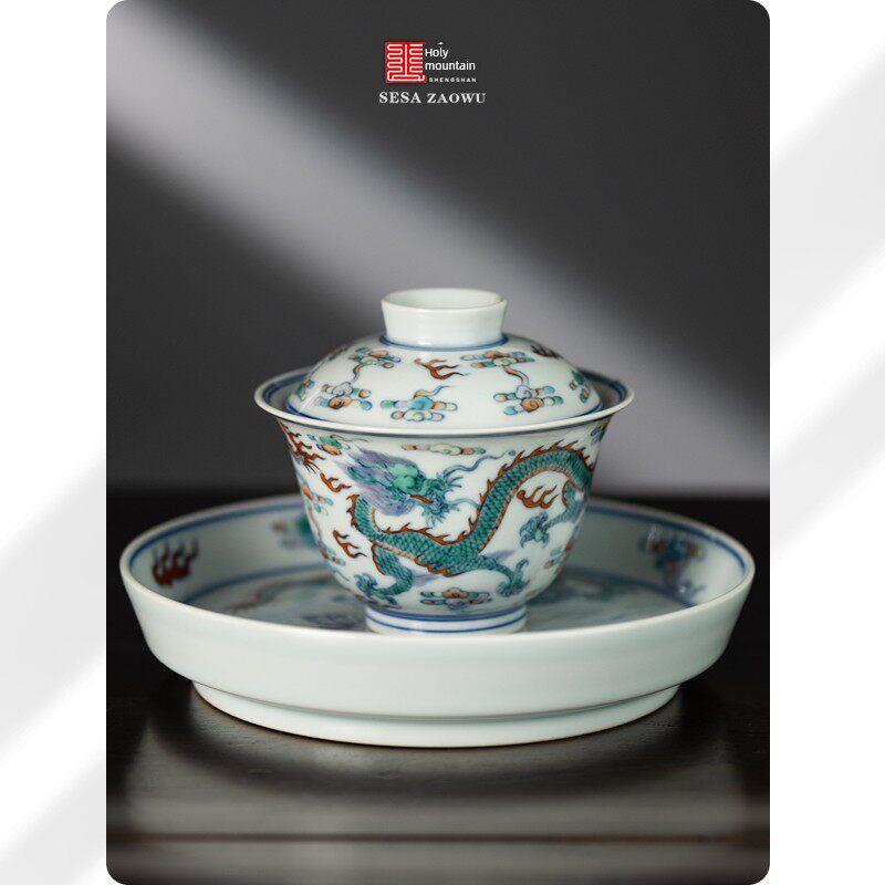 神山火烧古色古香青花斗菜双龙打海盖碗景德镇手绘陶瓷茶具盖碗