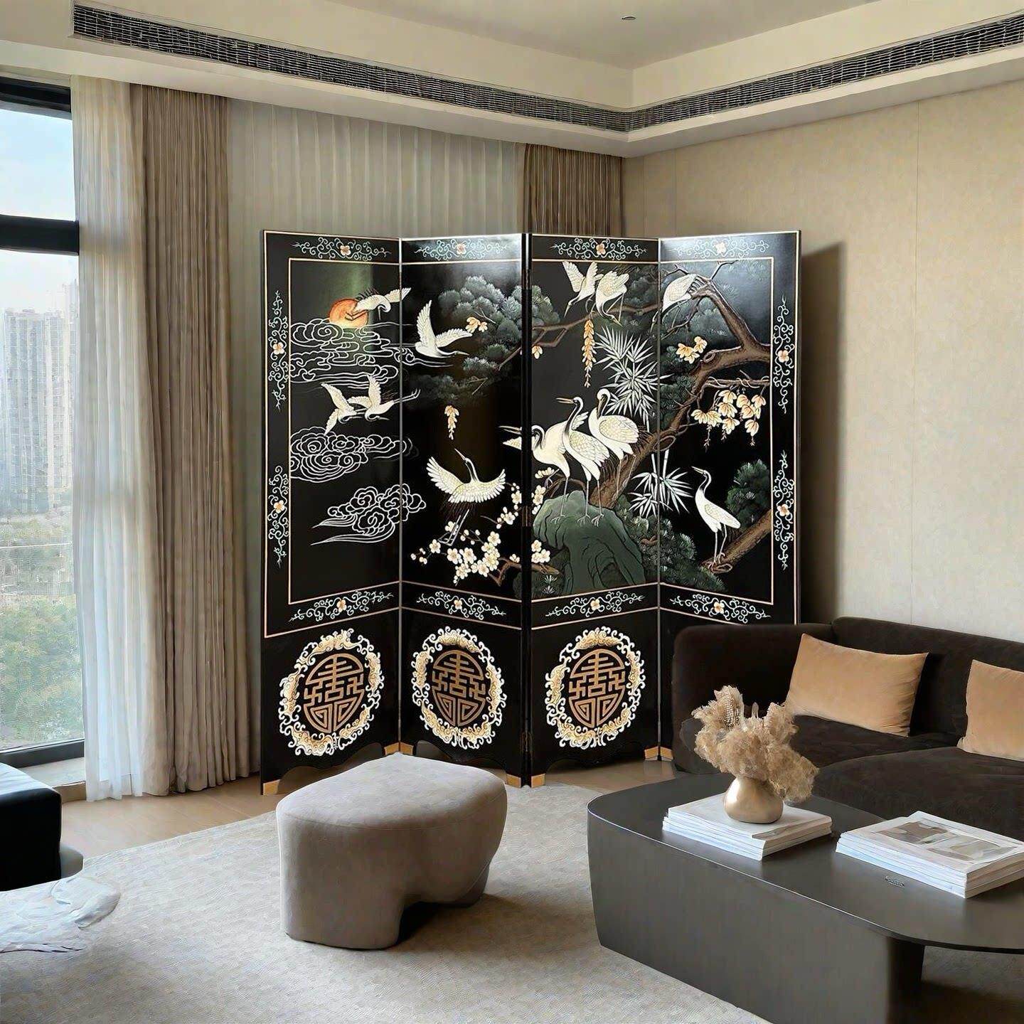 定制黑底中古花鸟屏风漆画 画手绘移动折屏客厅卧室玄关隔断沙发