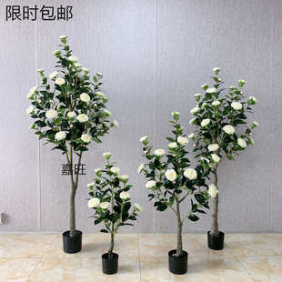 仿真茶玫花树假茶树小型盆栽植物室内客厅装饰盆景落地绿植摆件