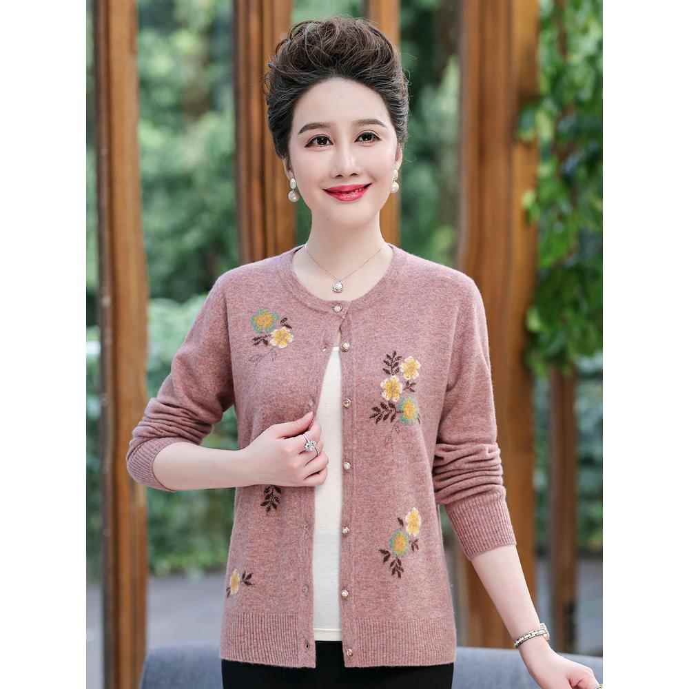 中老年妈妈装100%羊绒衫开衫外套秋冬新款圆领绣花针织毛衣上衣厚