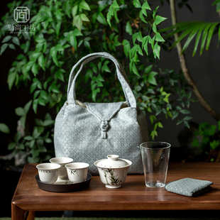 草木灰手绘竹子陶瓷盖碗茶杯整套旅行茶具户外便携茶事包套小组