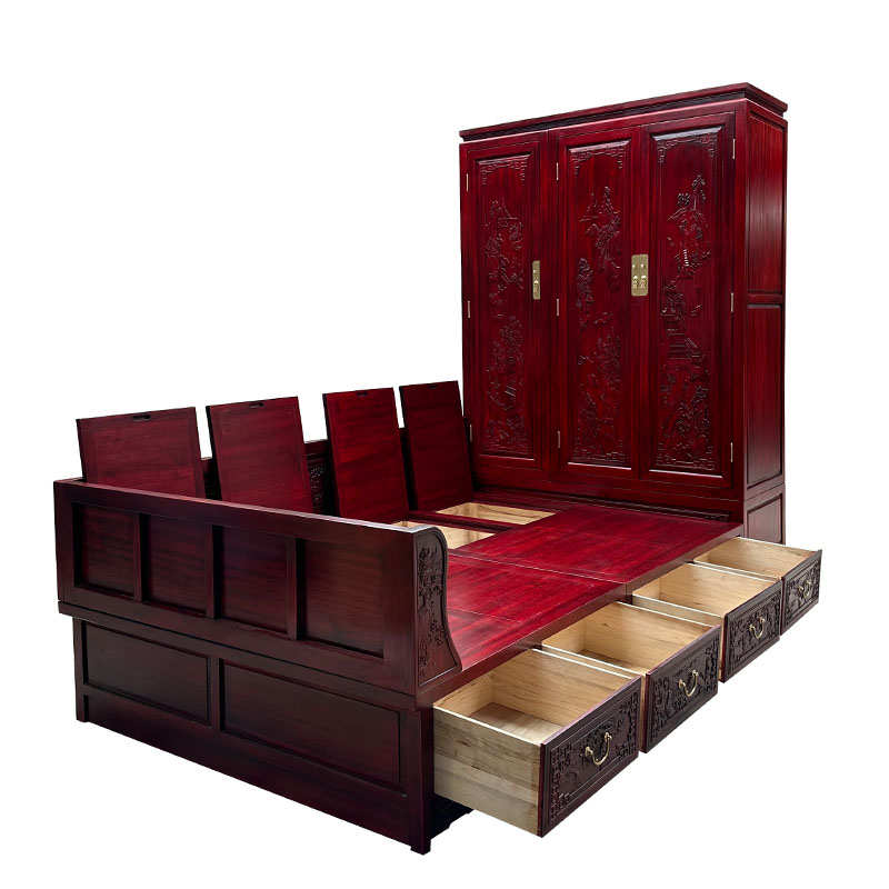 中式榻榻米床衣柜一体儿童房香樟木小户型多功能储物床卧室高箱床