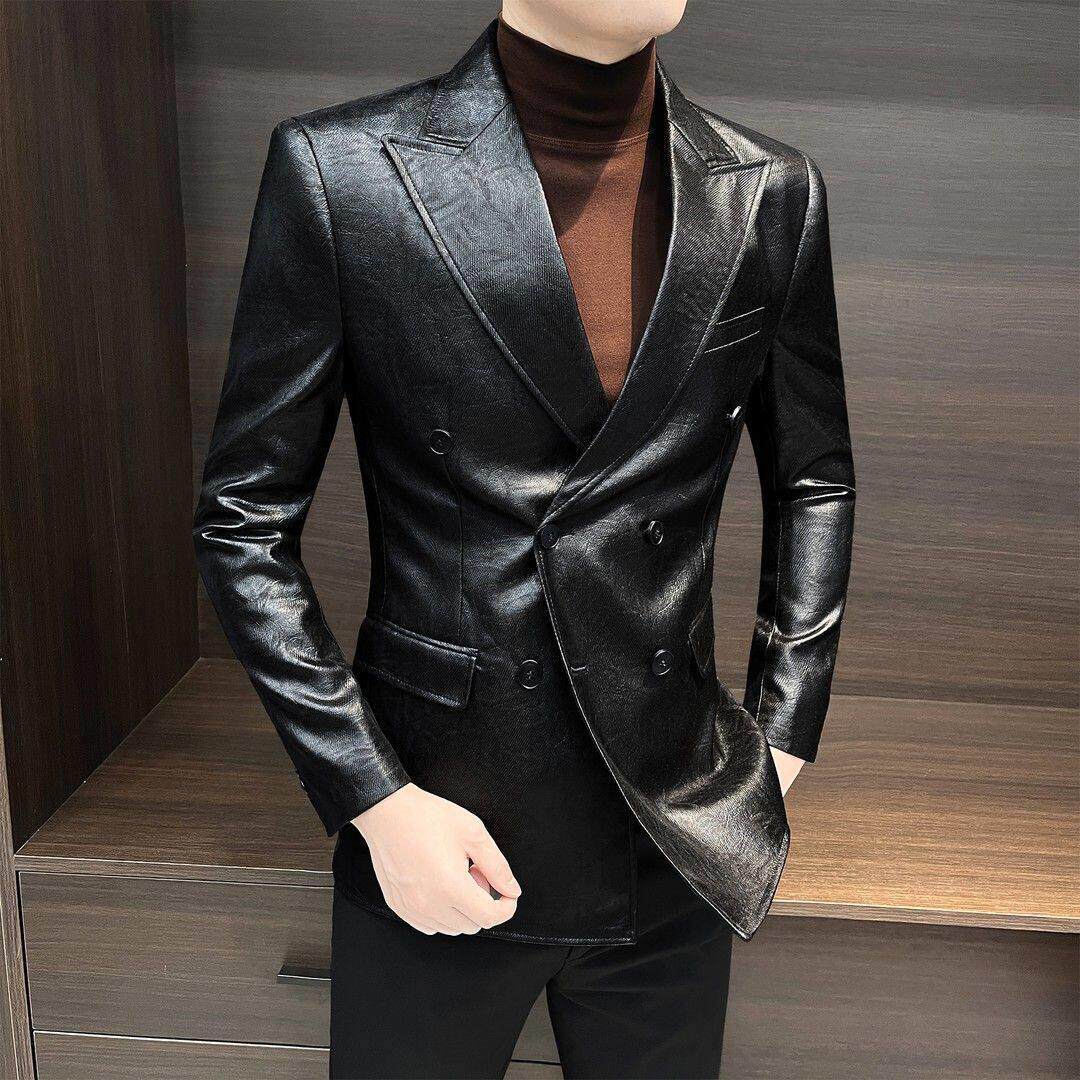 黑色皮衣西装外套男士春秋新款时尚潮牌修身商务休闲双排扣小西服