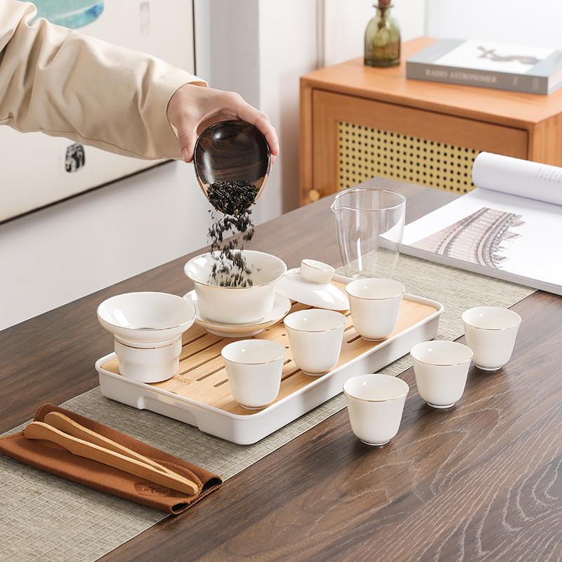 羊脂玉旅行茶具白瓷盖碗日式高档户外喝茶装备便携式旅行茶具套装