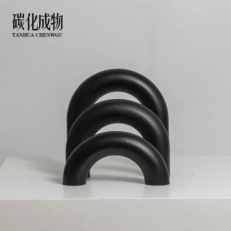 黑色现代艺术书房电视柜装饰简约木纹样板间摆件售楼处拱门几何软