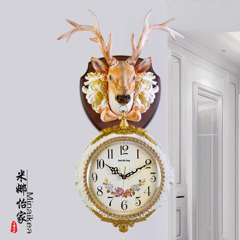 美性式复9920/991古双面挂钟钟客厅表创个鹿头装意饰壁挂大号静音