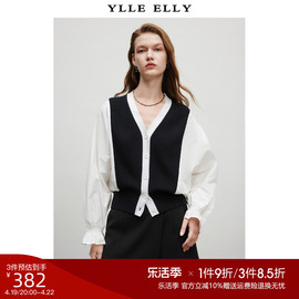 ylleelly黑白撞色开衫，秋季短款雪纺拼接全羊毛，针织衫女