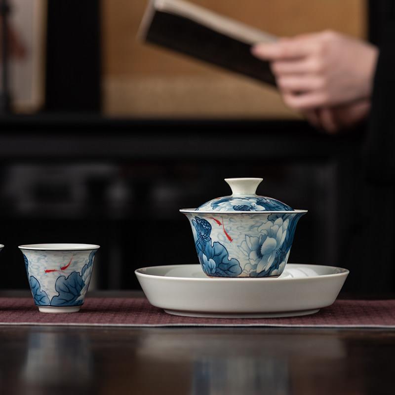 青花瓷壶承悬停三才盖碗蓄水陶瓷防烫壶托底座茶具干泡台茶承托盘