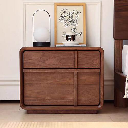 北美黑胡桃木全实木床头柜卧室樱桃木落地骨格线多功能储物床头柜