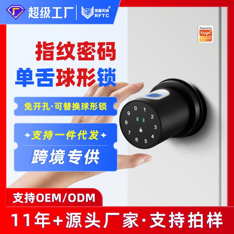 跨境单舌指纹锁替换球形智能锁卫生间房间木门室内小锁跨境欧美
