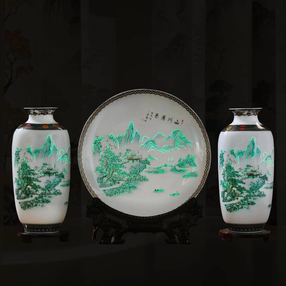 别墅玄关装饰品陶瓷小花瓶瓷盘子摆件高档夜光山川秀色花瓶三件套