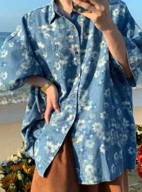 Men Denim Shirt 花朵满印水洗牛仔短袖衬衫夏宽松沙滩衬衣男装