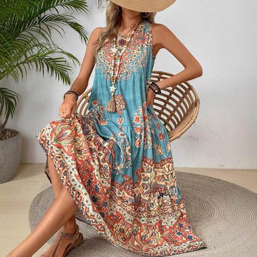 Printed sleeveless collar vest dress, printed dress for