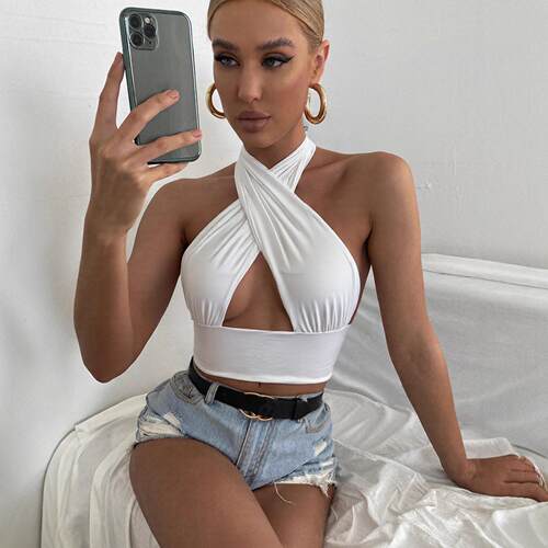 Women's backless cross hanging neck and exposed navel top