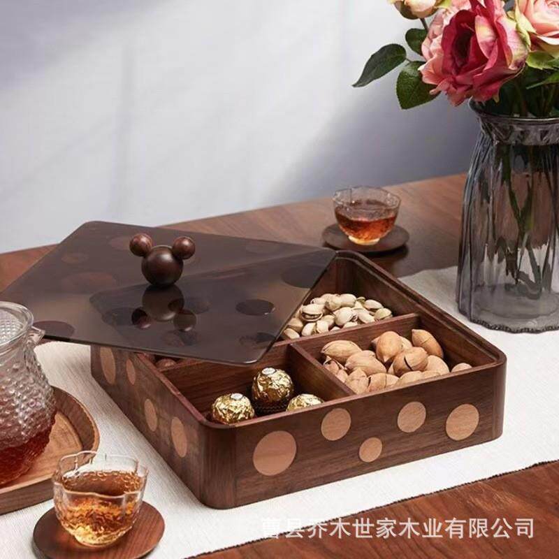 实木四宫格干果收纳盒家居客厅波点分格坚果收纳盒木质零食收纳盒