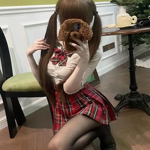 小辣椒jk制服白色收腰性感衬衫女套装夏季日系红格裙百褶裙女短裙