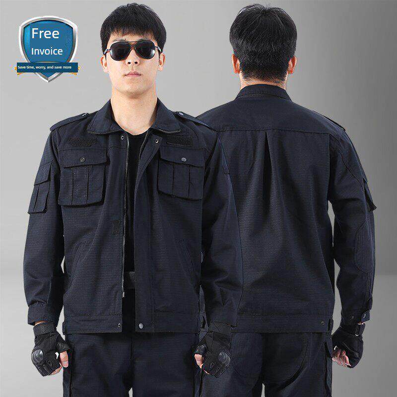 藏蓝网格作训服套装春秋长袖训练服防撕裂保安服上衣外套工作服