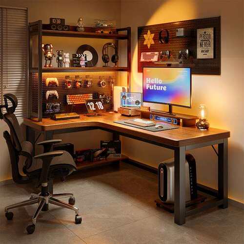 实木转角电脑桌台式卧室家用拐角书桌书架一体L型办公桌电竞桌子