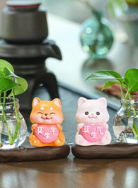绿萝水培花器小猫咪莫生气情绪稳定办公桌摆件花瓶客厅插花玻璃瓶