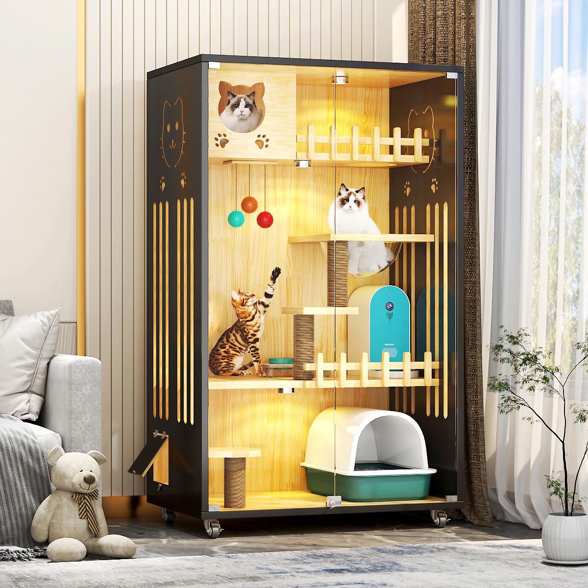 猫笼猫别墅家用室内大号猫窝一体双层木纹猫屋大型猫咪木质房子
