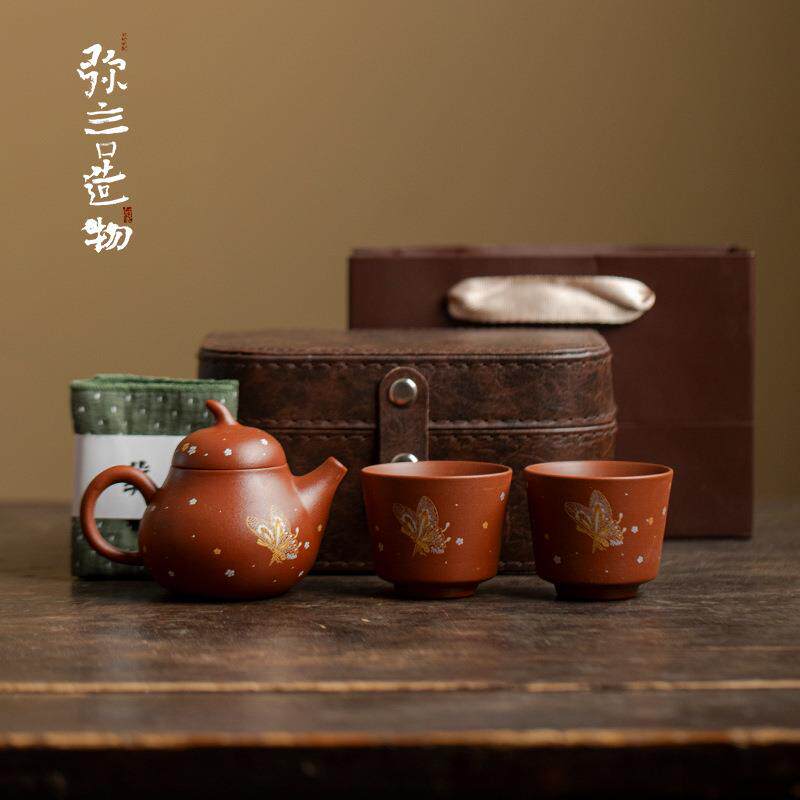 弥言中式紫砂一壶两杯套装创意烫金蝴蝶紫砂壶茶杯皮革包套装送礼