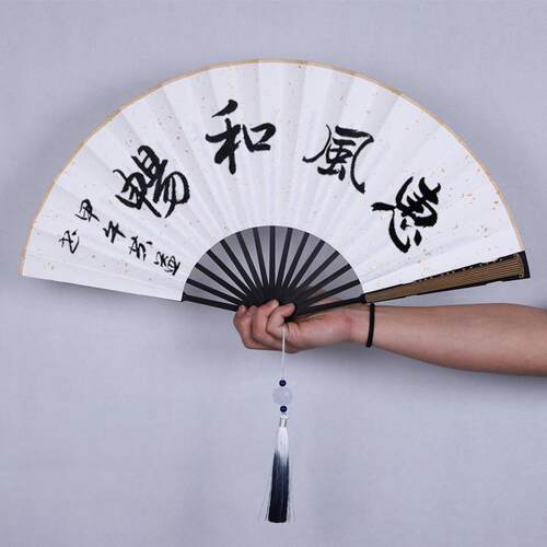 国潮1古琴雕刻扇骨带环可挂GQZS流苏寸古风中国风洒金空白0宣纸扇