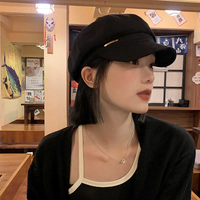 显脸小黑色贝雷帽女款时尚百搭画家帽大头围日系文艺范八角帽春秋