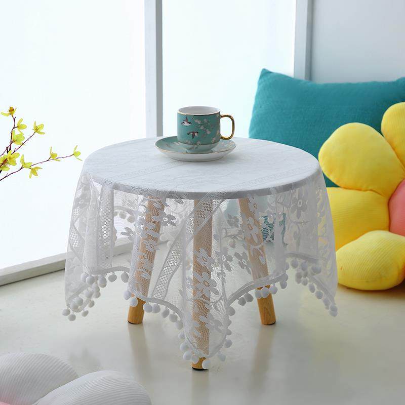 奶油风蕾丝飘窗小圆桌桌布纯白色网红田园球球边简约清新美式台布