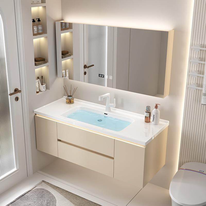 奶油风浴室柜卫生间洗漱洗手脸台实木智能美妆镜陶瓷一体盆组合,家装主材,浴室柜组合,淘宝优惠券,粉丝福利购,淘宝优惠卷