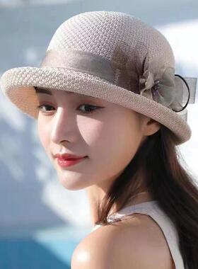 夏季卷边遮阳帽子女2024新款欧根纱花朵礼帽短檐盆帽渔夫帽草帽女