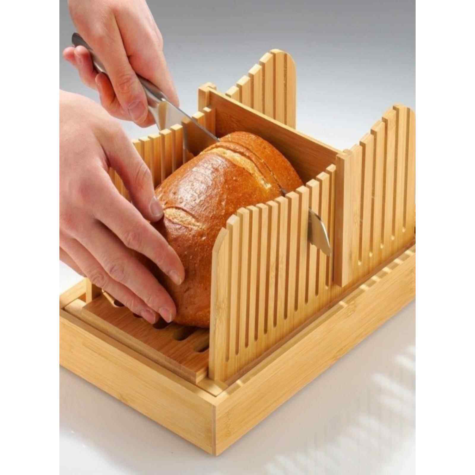 竹制面包切盘面包吐司切片机厚度可调，托盘可容纳面包屑烘烤用品