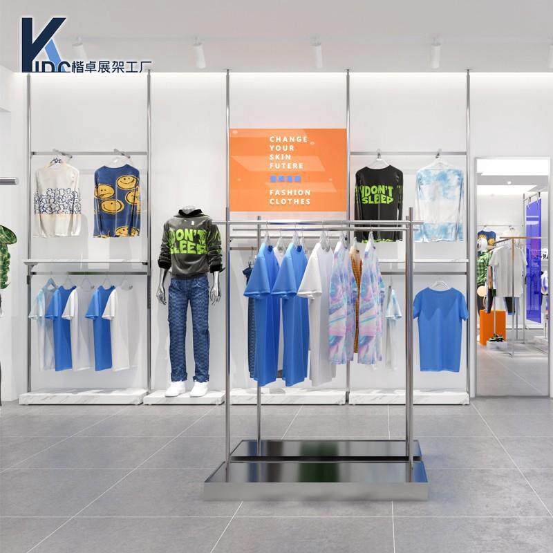 不锈钢天地柱服装店展示架陈列架子落地式简约升降上墙男装货架柜