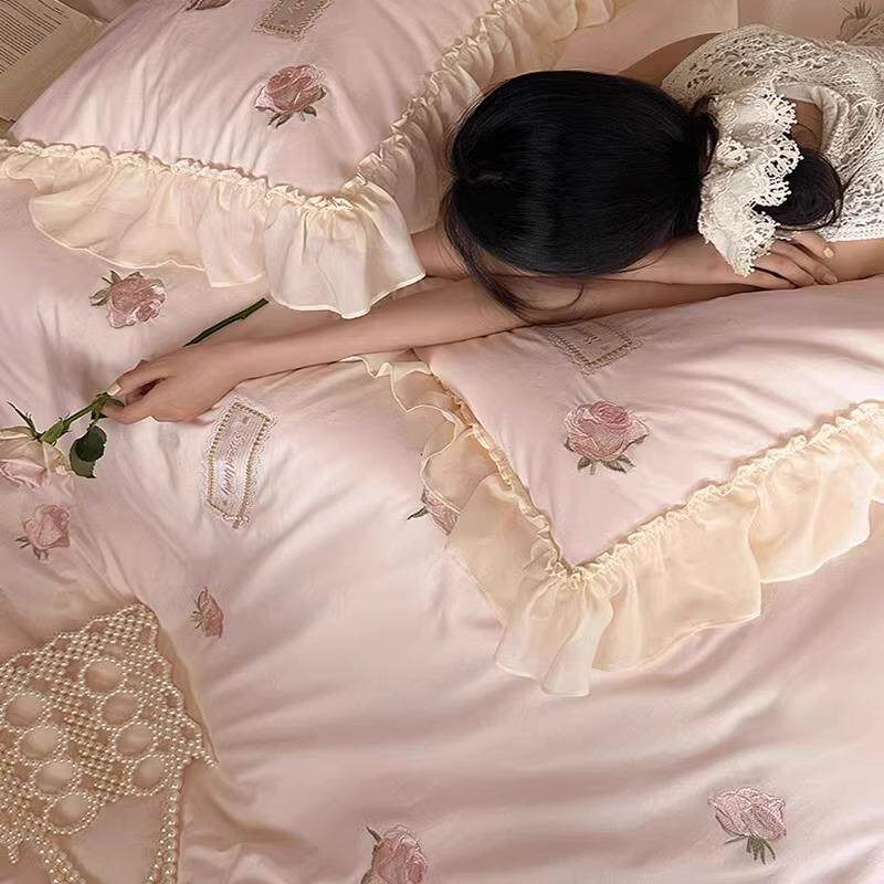 秋冬少女心100S全棉超柔磨毛四件套浪漫玫瑰刺绣被套床品粉白色