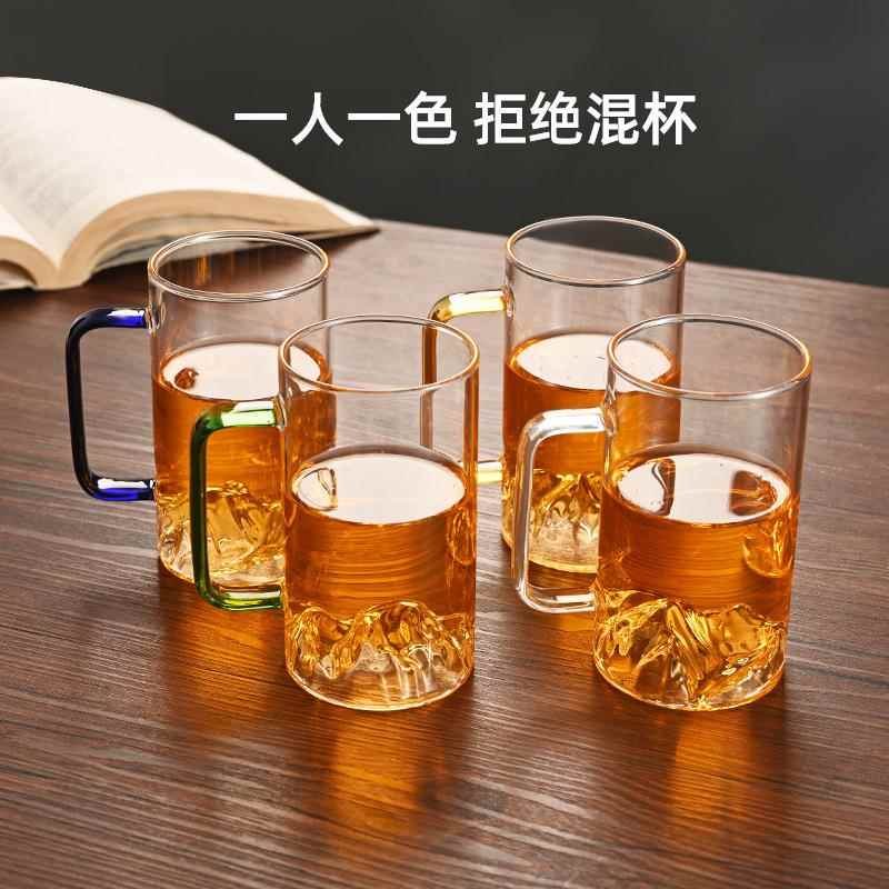 耐高温玻璃杯子绿茶杯高硼硅大水杯透明彩把观山杯藏山杯耐高温
