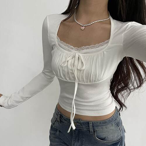 Lace lace lace up chest enhancing long sleeved T-shirt top