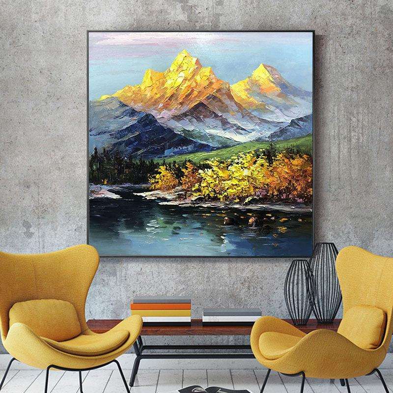 纯手绘油画客厅书房挂画聚财金山办公室壁画靠山装饰画新古典手工