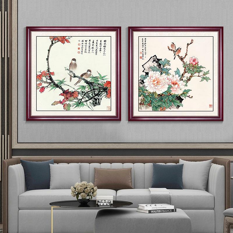 国画花鸟画方形水墨画办公室客厅玄关书房装饰画实木画框斗方