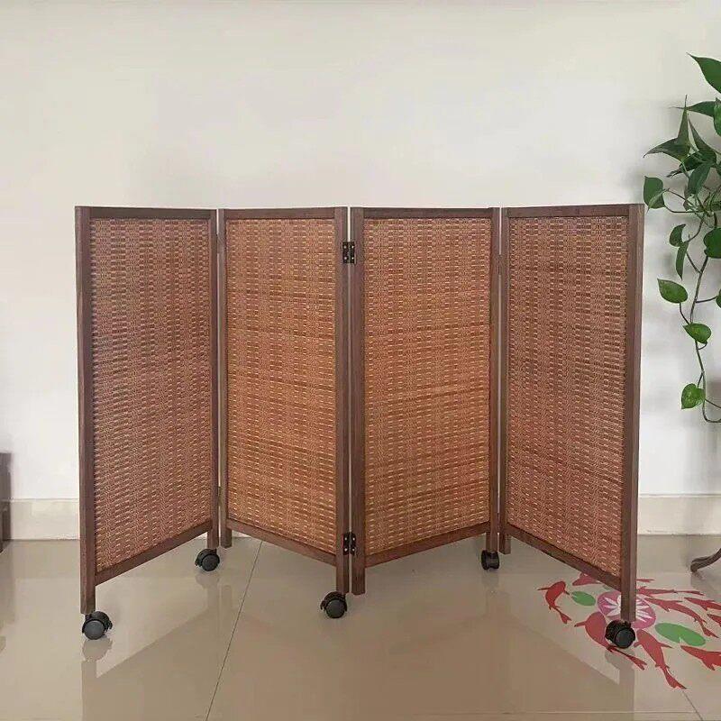 竹编儿童卧室隔断装饰栏可移动折屏区域宠物栅栏幼儿园滑轮小屏风