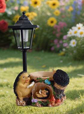 跨境多功能树脂花盆刺猬太阳能雕像摆件庭院花园别墅走廊装饰夜灯