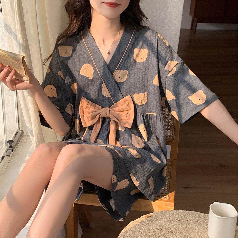 晚眠带胸垫睡衣女款夏季棉短袖2025新款汗蒸服洋派和服日系家居服图片