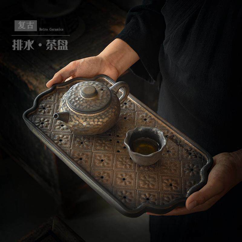 中式陶瓷干泡茶台家用茶盘小型储水式茶托盘简约茶室用茶盘复古